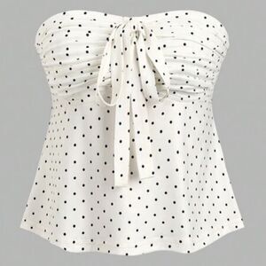 White Polka Dot Sleeveless Ruffle Tube Top Bustier Tie Front Blouse